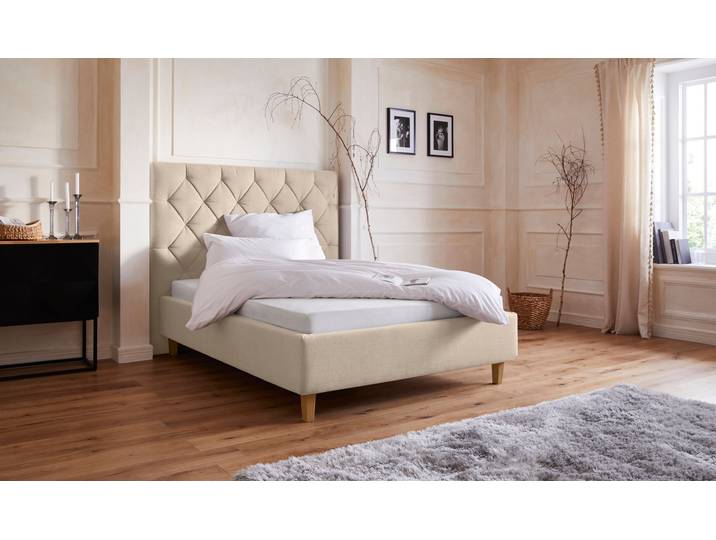 Polsterbett, Struktur, Beige, 163×210 cm, Mit Stauraum, Modern, Home-affaire