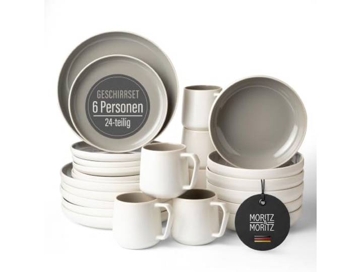 Moritz & Moritz Steingut Geschirrset 6 Personen mit Tassen 24-tlg. - Modernes Tafelservice in der Farbe Stone - Pflegeleichtes Kombiservice mit Teller Set, Schüsseln & Tassen - Serie Cavo