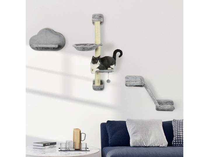 PawHut Ensemble Mural Chats 3Pcs Hamac Rampe Griffoir Gris