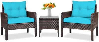 Costway 3 Pcs Outdoor Patio Rattan Conversation Set with Seat Cushions-Turquoise