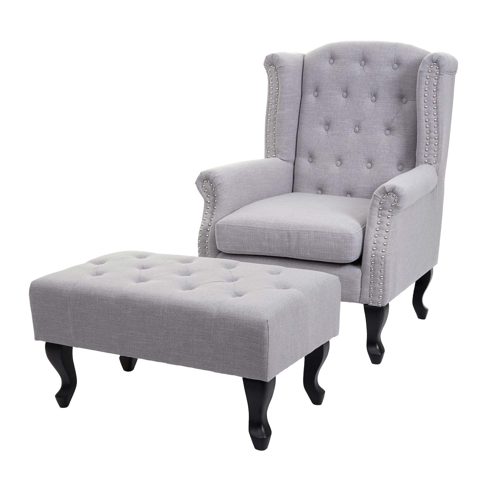 Sessel Chesterfield Oxford, Relaxsessel Clubsessel Ohrensessel, wasserabweisend Stoff/Textil ~ grau mit Ottomane