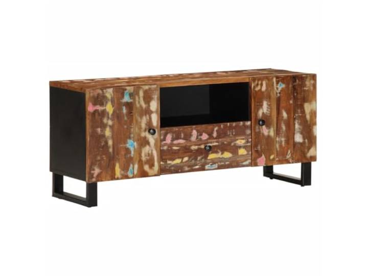 GKHPYURE TV-Schrank 105 x 33,5 x 46 cm Massivholz, Erholung und Ausziehbare Schublade, 2 Fächer mit Türen, offenes Fach, Eisenfüße, gemischte Farbe