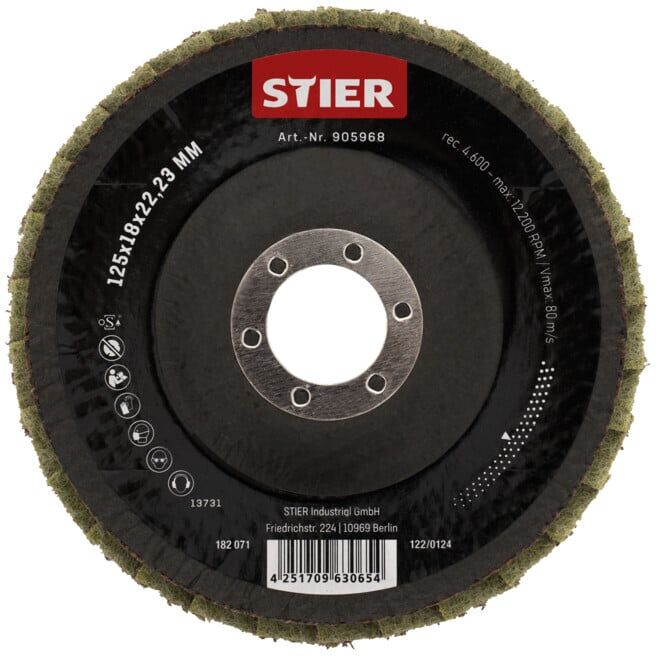 Disques abrasifs à lamelles en nylon STIER 125 x 18 x 22,23 mm, grain moyen 5x (905968)