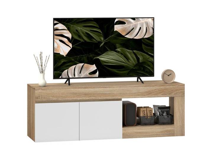 Meuble TV console multimédia 2 portes et autoportant pour télévision et matériel deco élégant 140 x 40 x 48 cm bois naturel
