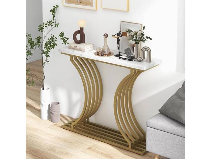 Table Console - DREAMADE - Structure Métallique en Forme de C - Protection Anti-Basculement - Aspect Marbré - Charge 50KG