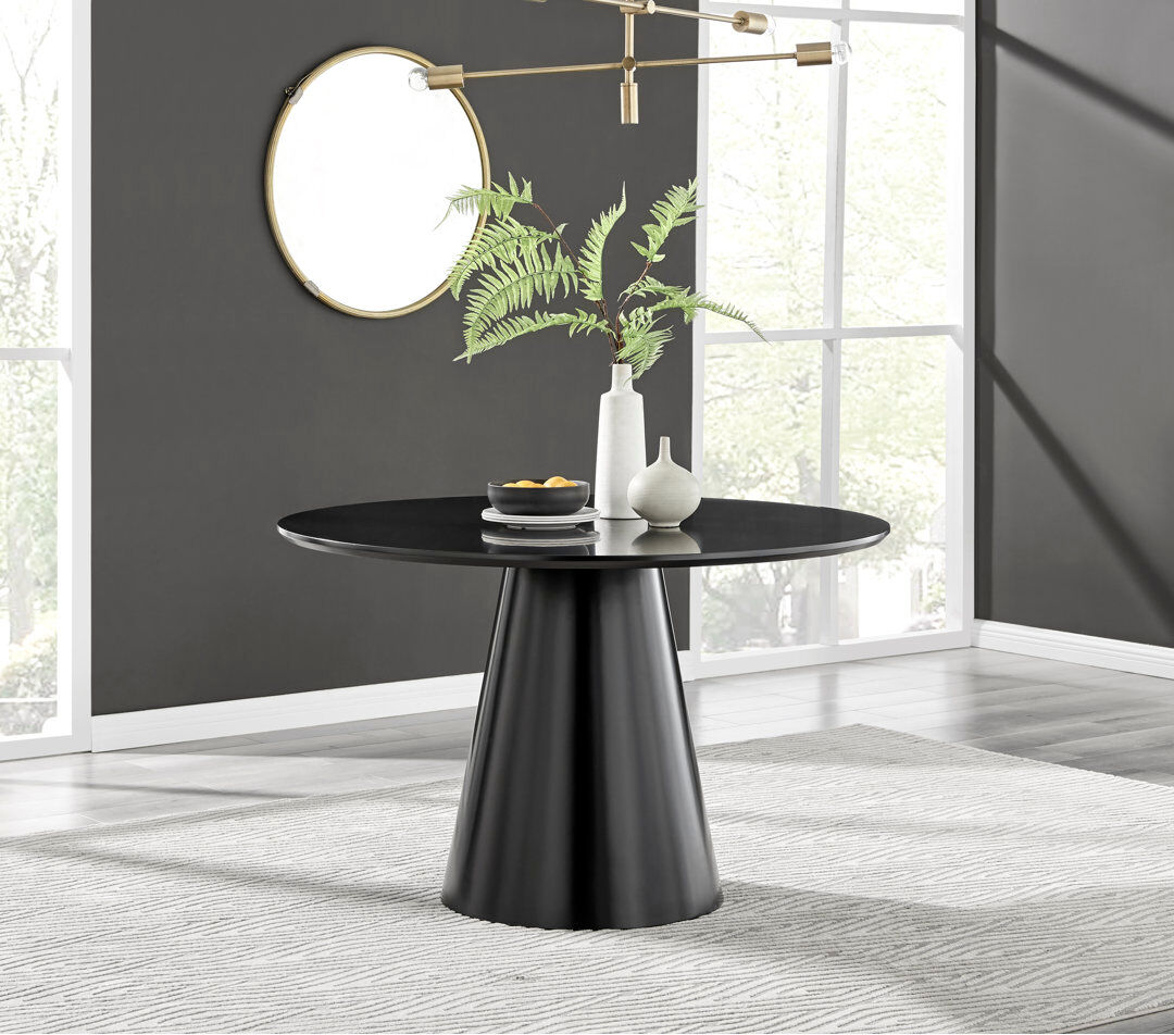 Canora Grey Edzard Statement Pedestal Round Dining Table - Luxury Modern Design Black Matte Top/Black Matte Base