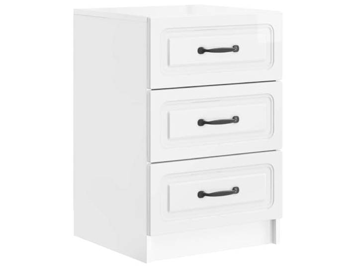 KGFHERENB Nachttisch Hochglanz Weiß 43x41x63,5cm mit 3 Schubladen Kompakter Beistelltisch für das Schlafzimmer aus Holzwerkstoff mit 3 geräumigen Schubladen und schwarzen Griffen.