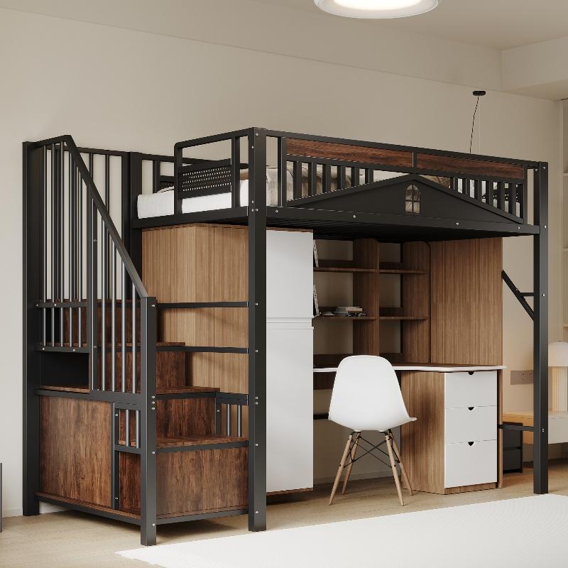 Metall-Hochbett 90x200cm schwarz mit Treppe und Stauraum, Sicherheitsgitter mit Fensterdesign, Hochbett aus Metall und Holz