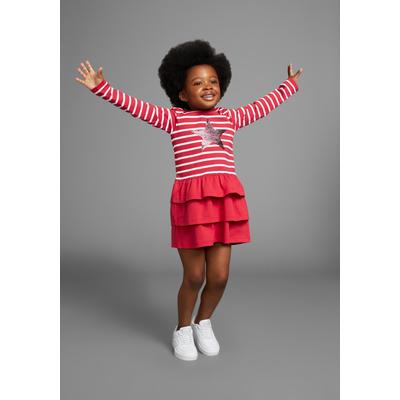 Jerseykleid KIDSWORLD "für kleine Mädchen", Mädchen, Gr. 140/146, N-Gr, Langarm, Single Jersey, rot (rot, gestreift), Single Jersey, Obermaterial: 100% Baumwolle, geringelt, kniefrei, Rundhals, abgesteppte Kante, Kleider Jerseykleid, für Partys und...