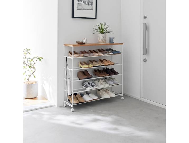 Rollbares Schuhregal Tower 91 x 87 x 26cm Weiß/Eiche/Weiß