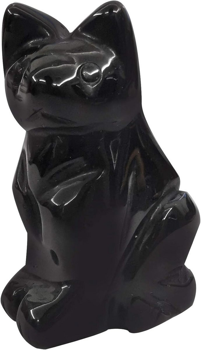 Obsidiaan Kat Beeldje - Handgesneden Kristal Figuur - Zwart - Hoogte: 5 cm