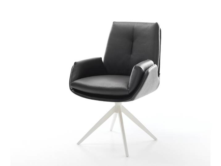 Drehstuhl Clea-Flex Echt-Leder Schwarz Kreuzgestell breit Weiß 360° drehbar Wippfunktion, Esszimmerstühle