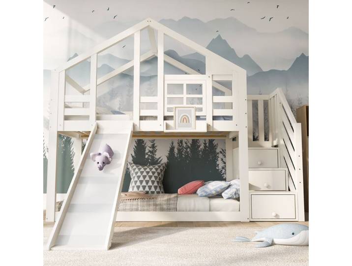 Lit cabane enfant blanc 254 x 218 x 207 cm avec toboggan rangements tiroirs 2 sommiers à lattes sans matelas