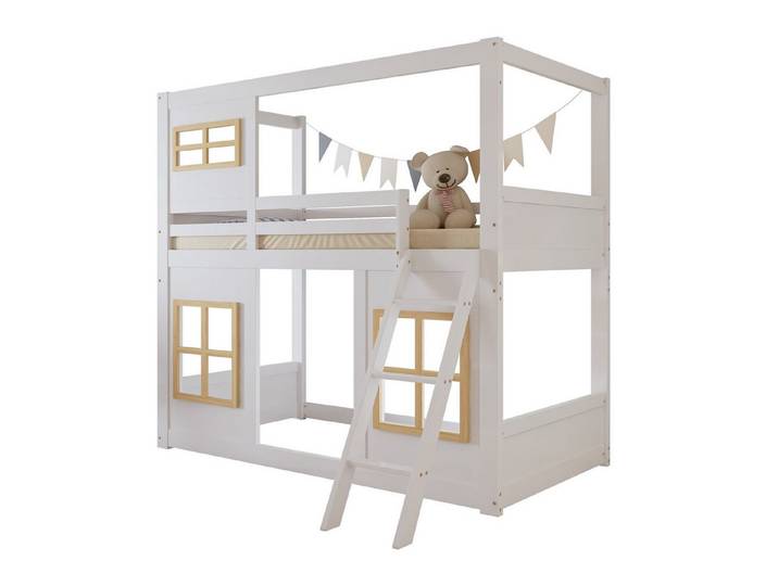REDOM Etagenbett mit schönen Fenstern, stabiler Trittleiter & 4-seitiger Umzäunung (Kinderbett Funktionsbett, 90x200 cm), ohne Matratze