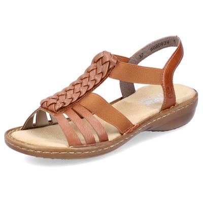 Riemchensandale RIEKER, Damen, Gr. 41, Synthetik, braun (cognac), Lederimitat, Flechtoptik, unifarben, Schuhe Riemchensandale, Sommerschuh, Sandalette, Keilabsatz, mit Stretchbänder