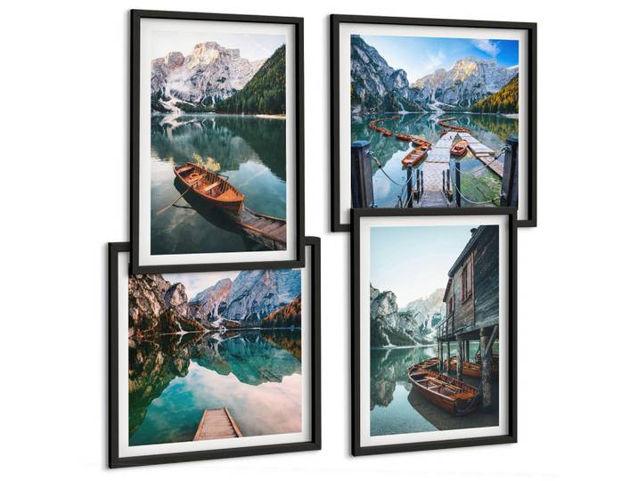 Tulup Bilder SET 4er Set - 50x50 cm & 40x60 cm Schwarzer Rahmen - See, Berge, Boote, Ferienhaus, Kunststoff, Rechteckig, 50x50 cm, Fotografie, Bilder & Rahmen, Bilder