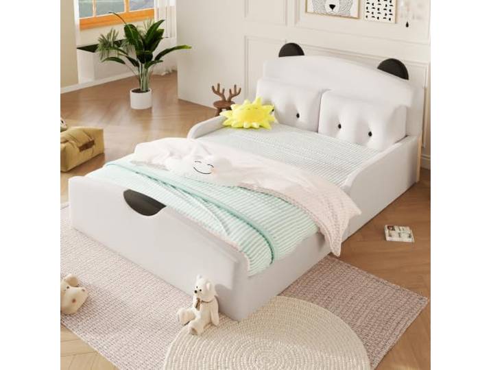BXEYXE 140x200 Plattformbett mit Leinenbezug, gepolstertes Kopfteil im Bären-Design, inkl. 2 Zierkissen, Weiß