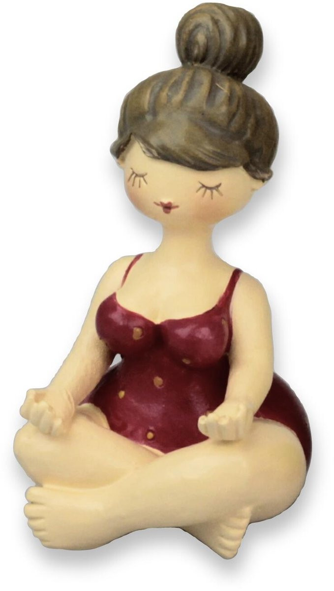 Inware Decoratief Beeldje Yoga Houding Mollige Dame in Rood Yoga Pakje - 12 cm