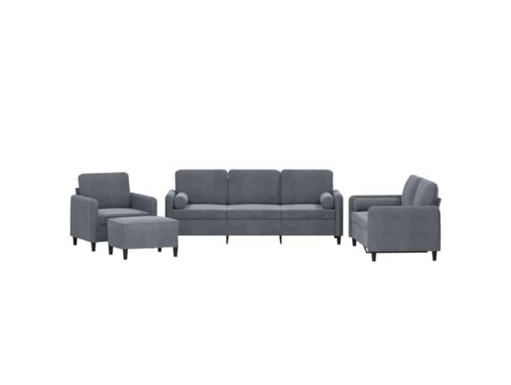 Todiikf 4-TLG Sofagarnitur mit Samtbezug 3er 2er Sessel Hocker Dunkelgrau Moderne Polstergruppe aus Samt mit Rollkissen und Hocker für Wohnzimmer und Lounge, robustes Metall- und Sperrholzgestell.