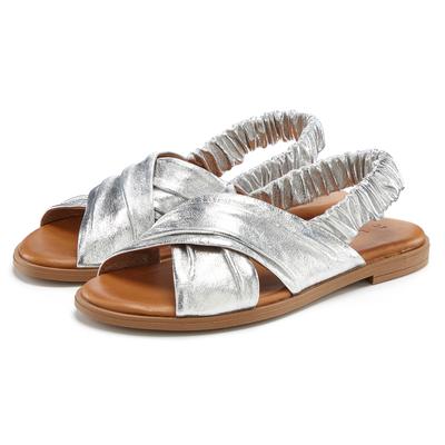 Sandale LASCANA "Sandalette, Sommerschuh, offener Schuh, Pantolette", Damen, Gr. 36, Schweinsleder, silber (silberfarben), Obermaterial: 100% Lammleder. Decksohle: 100% Rindsleder. Futter: 100% Schweinsleder. Laufsohle: 100% Synthetik, metallic,...