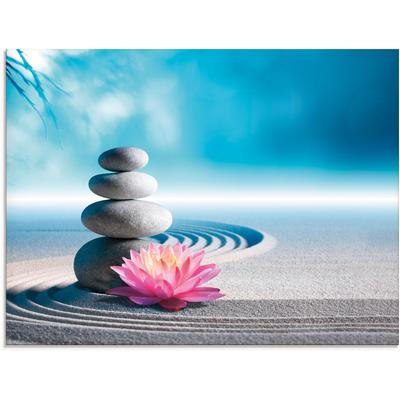 Glasbild ARTLAND "Sand, Lilie und Spa-Steine in Zen-Garten", blau (farbe bild(er): blau), B:80cm H:60cm, Bilder, in verschiedenen Größen