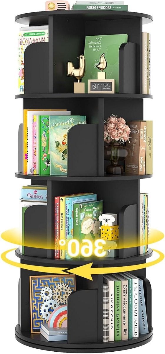 Draaibare Boekenplank met 4 Lagen - Zwarte Boekenkast Organizer - 360 Graden Draaibaar