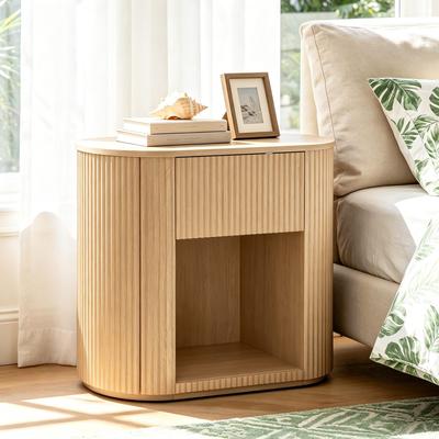 Uixe Modern Fluted Solid Wood Nightstand With Drawer Open Storage