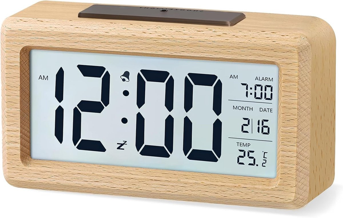 VHV Houten Digitale Wekker met LCD Display en Verlichting - Beige