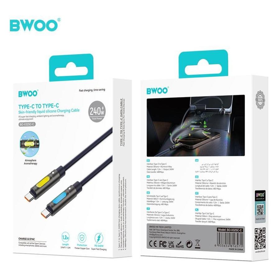 Bwoo 240W Type C to Type C Data scented Cable With RGB Lighting Black X325C-C (1.20 m, 240 W) (66637558)