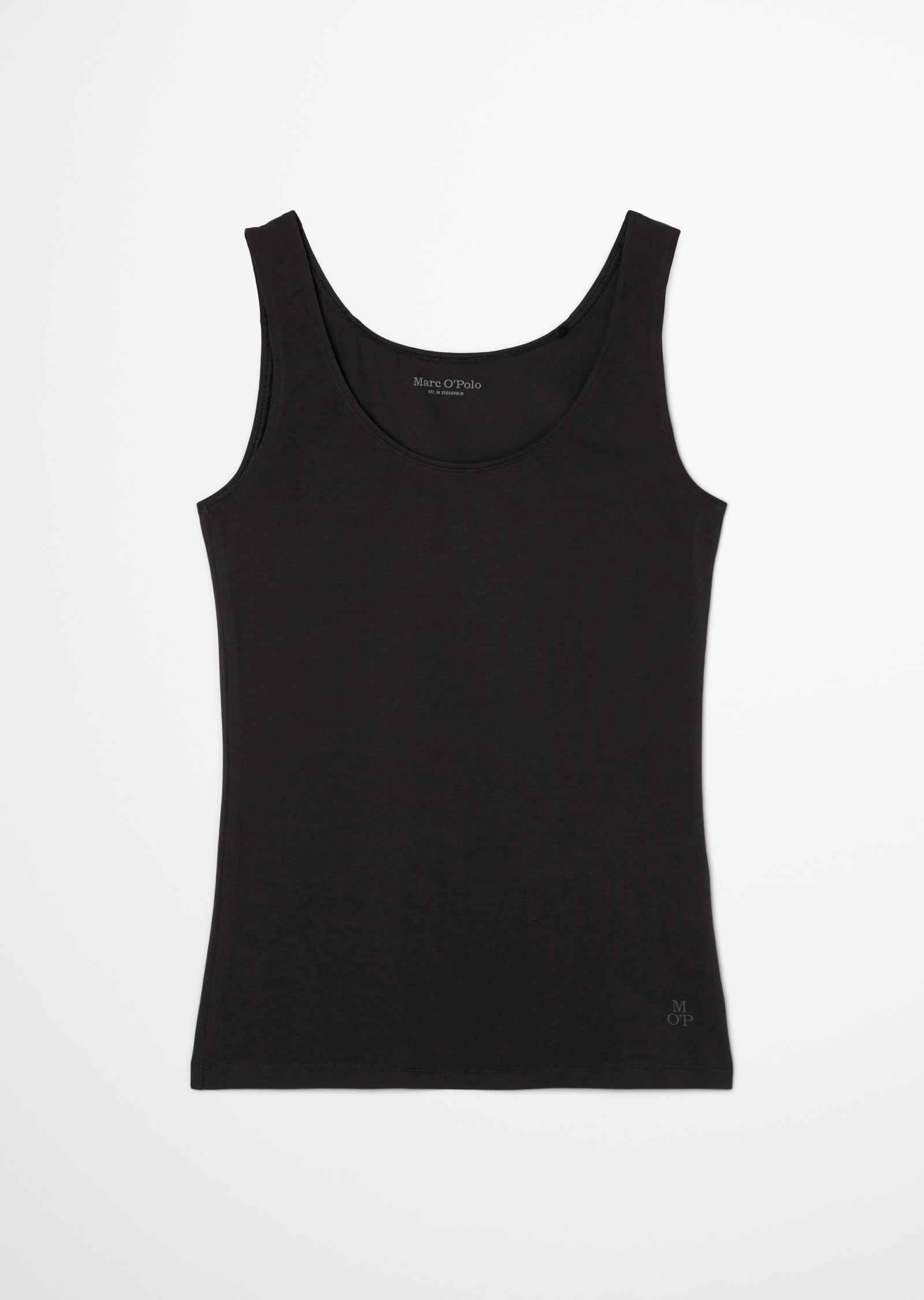 Marc O' Polo Tanktop MARC O'POLO "Essentials", Damen, Gr. L, schwarz, Jersey, Obermaterial: 95% Baumwolle, 5% Elasthan, unifarben, figurbetont hüftlang, Rundhals, Tops Tanktop, mit kleinem Logo am Saum schwarz L
