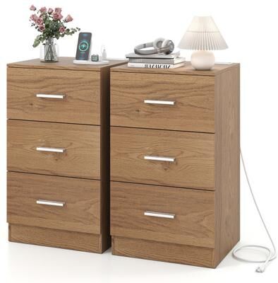 Costway Set of 2 Nightstand with Charging Station End Table with 3 Storage Drawers Bedside Table for Bedroom-Natural