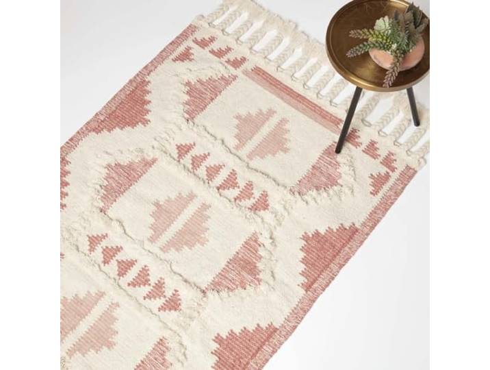 Homescapes Satara Kelim Teppich rosa 90x150 cm, Fransen-Teppich handgewebt, Quasten-Teppich Wolle