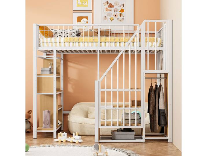 Lit mezzanine multifonctionnel en métal KOMHTOM avec rangements et escalier, adapté aux adultes et aux enfants