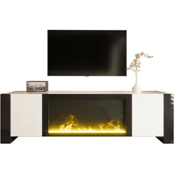 OKWISH TV-Schrank mit Elektrokamin, Push-to-Open Türen, großer Stauraum, stabile Konstruktion, Hochglanz Weiß Schwarz, 165x32x55cm