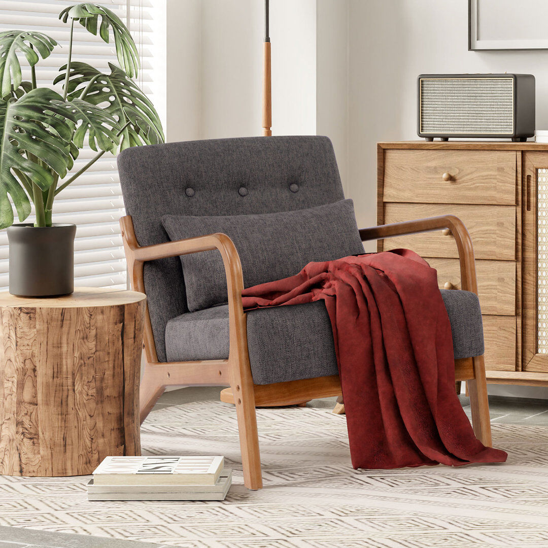 George Oliver Walthill 63 cm Modern Scandinavian Solid Wood Armchair Dark Grey/Linen Blend 71cm H X 63cm W X 75cm D