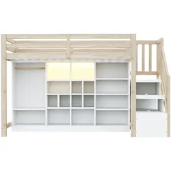 OKWISH Hochbett aus Holz in Weiß/Naturholz, 90x200 cm, mit integriertem Stauraum, Kleiderschrank und LED-Beleuchtung