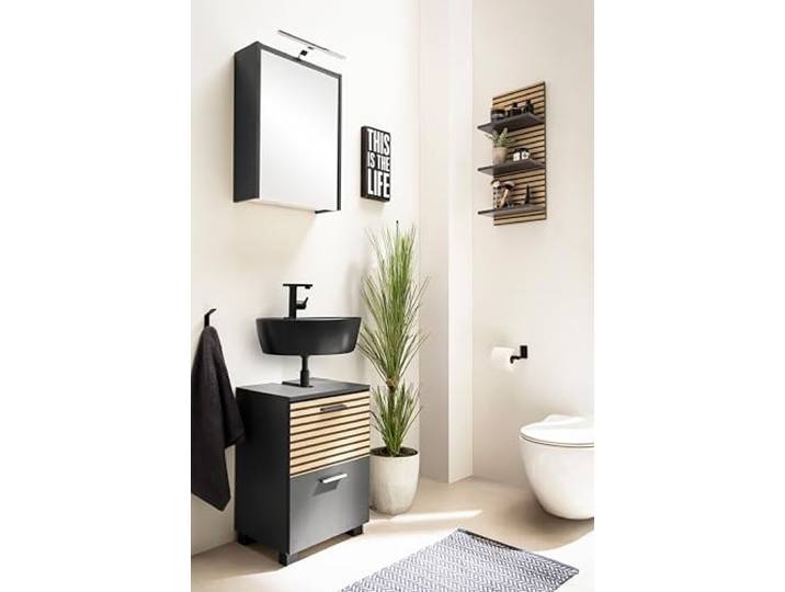Schildmeyer Badmöbel-Set Katta 702058, Spiegelschrank, Waschbeckenunterschrank, Regal, Anthrazit/Akustikpaneel Optik