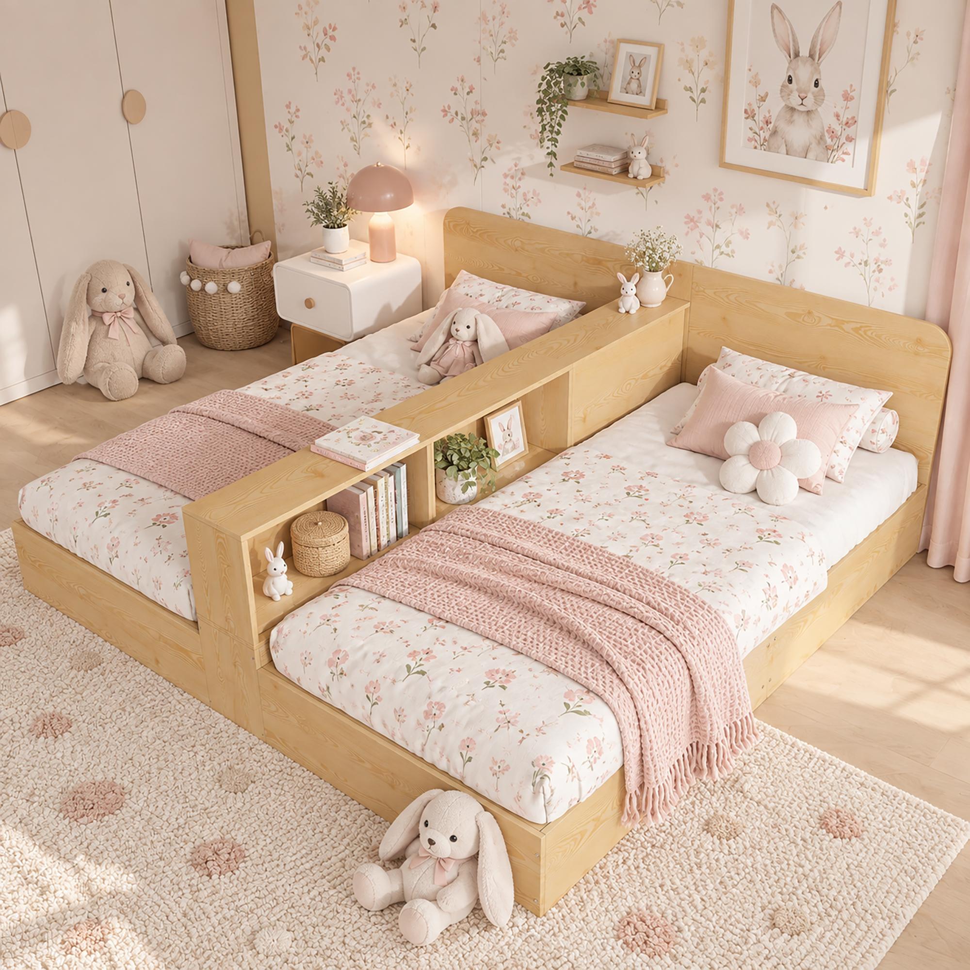 Merax Kinderbett mit 2 Liegeflächen je 90x200 cm, Doppelbett aus Holz mit Mitteltrennwand, beidseitigen Ablagefächern, Naturholzoptik, Natur