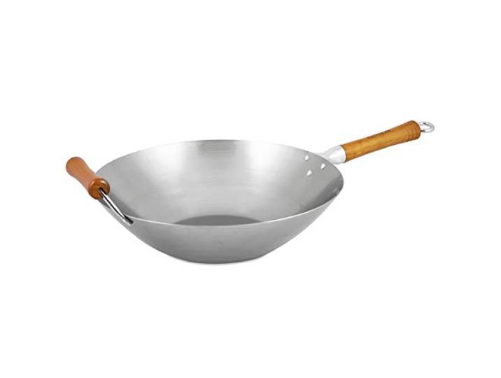 Ken Hom Wok Excellence 36 cm\, Acier au Carbone\, Poêle Wok Induction Poignée en Bois\, Revêtement Antiadhésif à Patine Naturelle\, Compatible Ustensiles Métal\, ne passe pas au lave-vaisselle