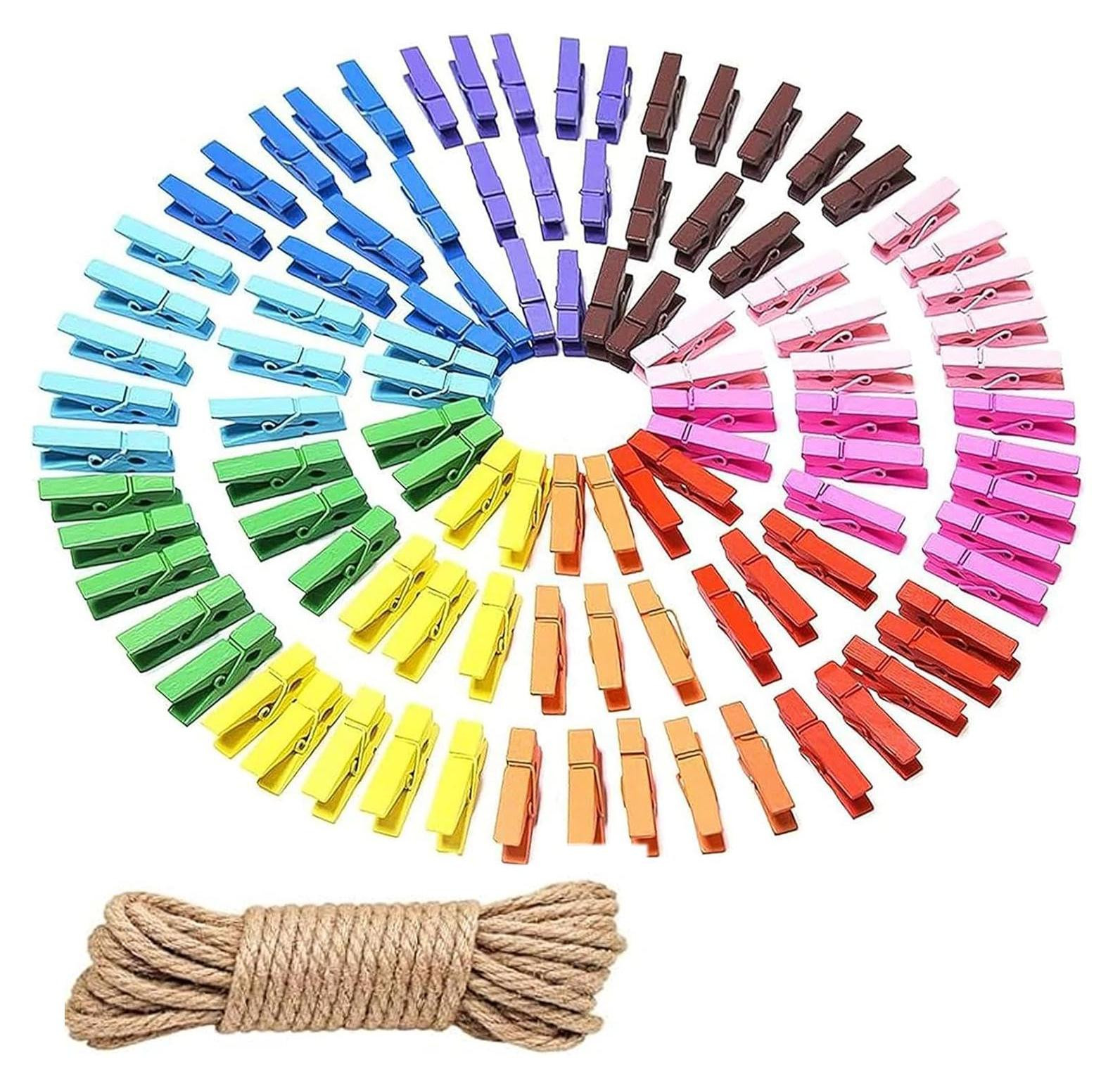 Solidchoice Kleine houten wasknijpers met jute touw, 100 stuks, 3,5 cm