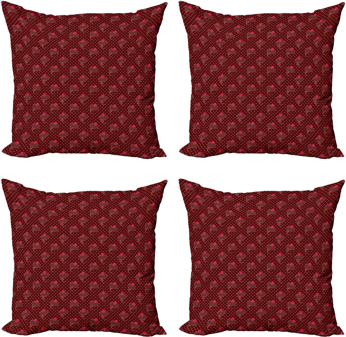 ABAKUHAUS Set van 4 Sierkussens met Chocolade en Gebak Print, Donker Koralle Bordeauxrood, 60 x 60 cm