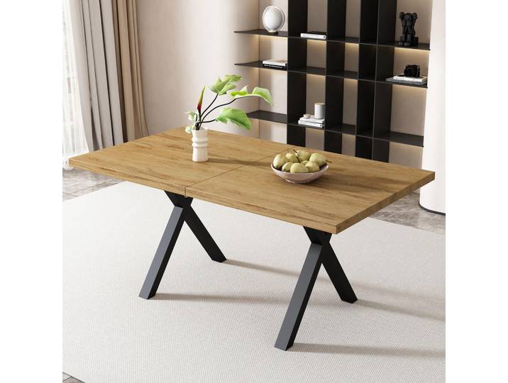 Modfu Couchtisch aus MDF und Metall in Eiche mit Kreuzbein-Design, Eichefarben, 80x76x140 cm, Wohnzimmer, Wohnzimmertische, Couchtische