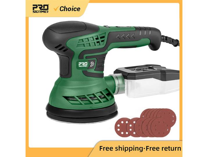 Ponceuse électrique 400W 230V avec Transmission à 7 vitesses, tampon de ponçage de 125mm, collecteur de poussière et 21 papiers de verre PROSTORMER