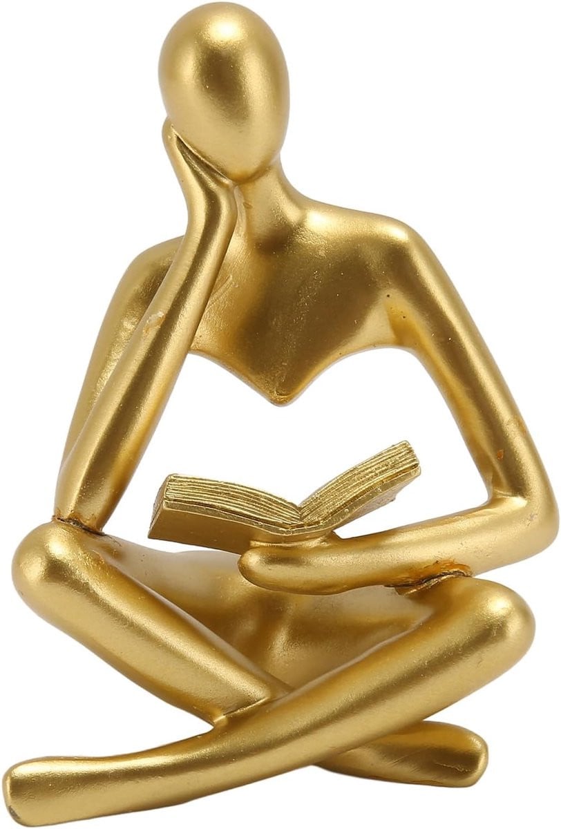 Denker Lezen Standbeeld - Abstracte Gouden Sculptuur voor Woonkamer Decoratie