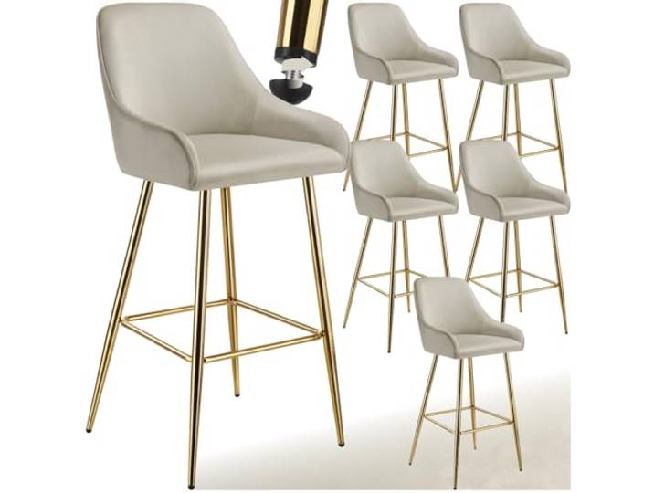 tectake® Barhocker mit Lehne, Barhocker Samt Stuhl, Sitzhocker mit Fußstütze, Bar Stool, Schalenstuhl Hocker mit Lehne, Tresenhocker, Tresenstuhl, Barstuhl mit Lehne - Samt Creme/Gold, 6er Set