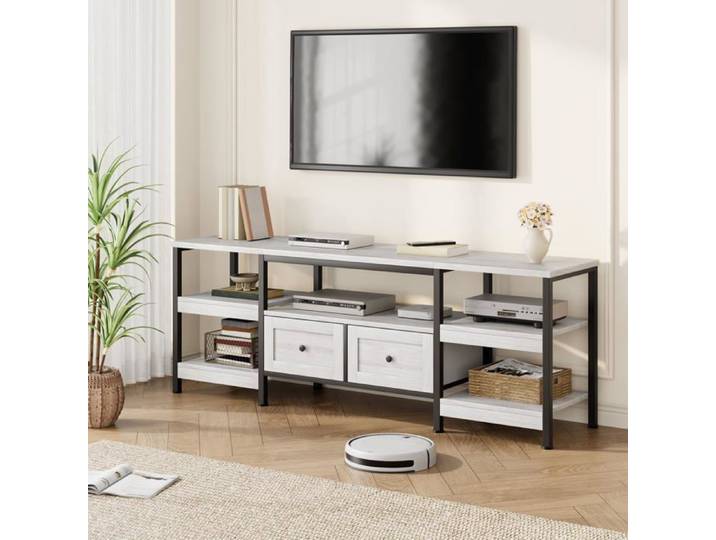 Meuble TV industriel - LUNSY - Design chic et rustique - Structure métallique élégante - Panneaux MDF veiné de bois