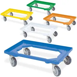 BRB Set, 5x Logistikroller/Kistenroller für Behälter 600 x 400 mm, je 1 Roller in blau, gelb, grün, orange, weiß