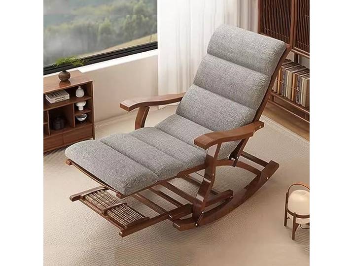 Klappbarer Schaukelstuhl Holz Schaukelliegen Bambus Garten Relax Stuhl Für Erwachsene Ältere, Patio Stühle Fußstütze Und Armlehne, Ergonomische Rückenlehne Verstellbar ( Color : Grey , Size : Walnut )