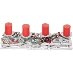 Mendler Adventskranz länglich, Weihnachtsdeko Adventsgesteck, Holz 11x15x50cm weiß-grau ~ mit Kerzen, rot