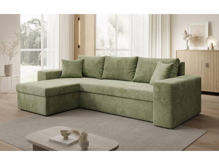 Designer Ecksofa Denver Cord mit Schlaf- und Klappfunktion - Salbei - Links - Cord - Luxusbetten24